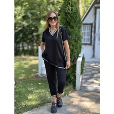 Ulak Handmader Kadın Kısa Kollu V Yakalı Iki Iplik Bluz ve Pantolon Ikili Takım