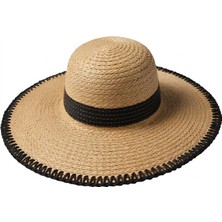 Mollycrush Kadın Siyah Şerit ve Dikiş Detaylı Geniş Kenarlı  Hasır  - Yazlık Güneş Koruyucu Plaj  Şapkası