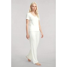 Modaserdem Akbeniz V Yaka Yumuşak Dokulu Pijama Takımı Ekru