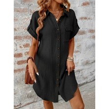 Equri Kadın Kısa Kollu Yakalı Önden Düğmeli Bürümcük Kısa Elbise