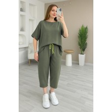 Gökyüzü Moda Kadın Kısa Kollu Bisiklet Yaka Viskon Iki Iplik Bluz ve Pantolon Ikili Takım