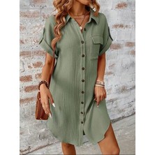 Arben Boutique Kadın Kısa Kollu Yakalı Önden Düğmeli Bürümcük Kısa Elbise