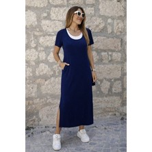 Kendim Fashion Kadın Kısa Kollu Içi Atlet Görünümlü Yandan Yırtmaçlı Uzun Viskon Elbise