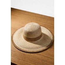 Mollycrush Kadın Kahverengi Şeritli ve Kenar Işlemeli Geniş Kenarlı Hasır   - Yazlık Güneş Koruyucu Plaj Şapkası
