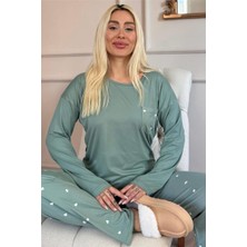 Pijama Evi Yeşil Kalp Desenli Bambu Uzun Kol Kadın Pijama Takımı