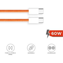 Başkenttekno Şarj Kablosu Type-C To Type-C 60W Örgü Hızlı Şarj ve Data Kablo U25 Turuncu