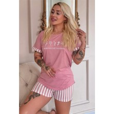 Pijama Evi Pudra Positive Desenli Bambu Kısa Kol Şortlu Kadın Pijama Takımı