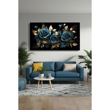 Şehber Panoramik Yatay Kanvas Duvar Tablosu Tekli Salon Mutfak Yatak Odası Ofis Gold Efekt Mavi Güller