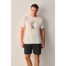 Suwen Skate Erkek Şort Pijama Takımı Lacivert Desenli Örme Kumaş ile Rahat Kullanım