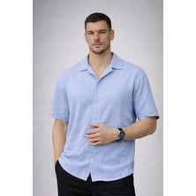 Valiberta Yarım Oversize Apaş Yaka Kısa Kol Müslin Kumaş Erkek Gömlek - Buz Mavi