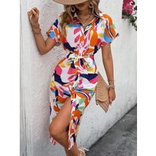 Gacha Kadın Kısa Kollu Yakalı Önü Düğmeli Önden Drapeli Desenli Süprem Elbise