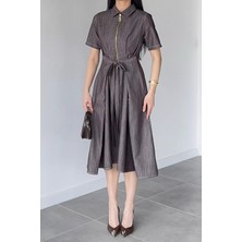 Gülseli Kadın Polo Yaka Ön Fermuarlı Bel Bağlamalı Elbise P-00020934