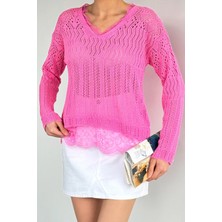 Gülseli Kadın V Yaka Ajurlu Güpür Detaylı Triko Bluz P-00020935