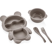 Muf Home Ayıcık Şekilli 3 Bölmeli 4 Parça Çocuk Bebek Mama Tabağı + Çorba Kasesi-Çatal Kaşıklı Beslenme Kabı