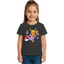 Sedirli Unisex Pikaçu Baskılı Çocuk Tişört Pamuklu Penye Kumaş