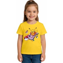 Sedirli Unisex Pikaçu Baskılı Çocuk Tişört Pamuklu Penye Kumaş