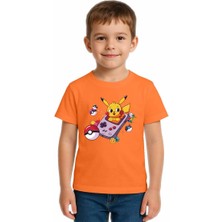 Sedirli Unisex Pikaçu Baskılı Çocuk Tişört Pamuklu Penye Kumaş