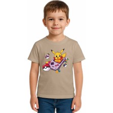 Sedirli Unisex Pikaçu Baskılı Çocuk Tişört Pamuklu Penye Kumaş