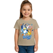 Sedirli Unisex Bluey Baskılı Çocuk Tişört Pamuklu Penye Kumaş