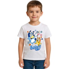 Sedirli Unisex Bluey Baskılı Çocuk Tişört Pamuklu Penye Kumaş
