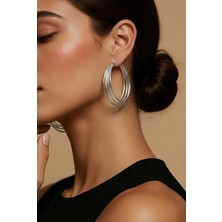 Eva Takı Store Katmanlı Halka Interlock Hoop Gümüş Renk Küpe 6cm