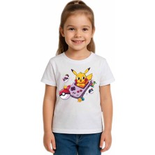 Sedirli Unisex Pikaçu Baskılı Çocuk Tişört Pamuklu Penye Kumaş