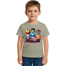 Sedirli Unisex Hulk Kaptan Amerika Demir Adam Baskılı Çocuk Tişört Pamuklu Penye Kumaş
