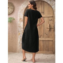 Gacha Kadın Kısa Kollu Bisiklet Yaka Düğme Detay Müslim Elbise