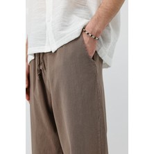 Bel Lastikli Baggy Fit Keten Pantolon Açık Kahve