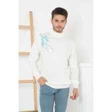 Mzp Kartan Erkek Yarım Bağazlı Kazak Baskılı Dokuma Triko - Beyaz