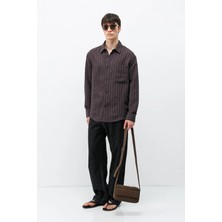 Vamos Modal Kumaş Çizgili Oversize Gömlek Koyu Kahve