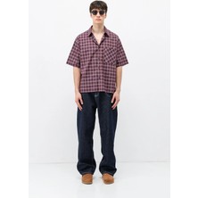 Vamos Kareli Kısa Kollu Oversize Gömlek Bordo