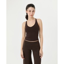 Ayma Active Kahverengi EcoVero™Viskoz Göğüs Pedli Çapraz Ayarlanabilir Askılı V Yaka Longline Bralet
