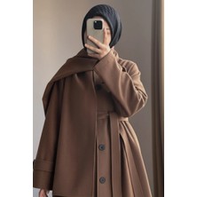 Ande Tesettür Şal Detaylı Kışlık Ferace - Latte