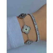 Güneş Takı 2li Gümüş Renk Yonca Baget Suyolu Taşlı Bileklik Seti