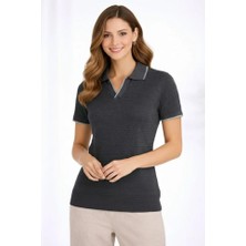 Indispensablely Triko Kumaş Yakalı Düğmesiz Açık Yaka Fitilli Kısa Kollu Regular Fit Tişört T-Shirt - Siyah