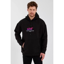 Buğrahayalin Erkek Baskılı Üç Iplik Kapüşonlu Oversize Sweatshirt - Siyah