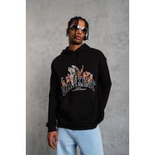 Buğrahayalin Erkek Oversize Kapüşonlu Sweatshirt – Siyah Renk Üç Iplik Içi Pamuklu Kanguru Cepli Baskılı Hoodie Rahat Kalıp Kışlık Günlük Kombinlere Uygun - Siyah