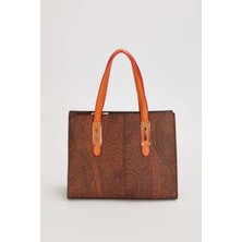 Koyu Kahve Etnik Desenli Kadın Ikili Çanta Seti Büyük Boy Kol ve Omuz Çantası