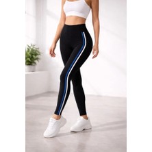 Indispensablely Likralı Yan Beyaz Mavi Şeritli Detaylı Tayt - Siyah