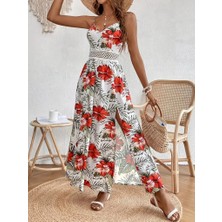 Indispensablely Kadın Ip Askılı V Yakalı Bel Güpür Çiçek Desenli Yandan Yırtmaçlı Maksi Süprem Elbise