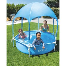 Toha Gölgelikli Fıskiyeli Çocuk Havuzu - Metal Çerçeveli 183X38 cm Uv Korumalı Şemsiye Tenteli Prefabrik Havuz