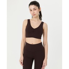 Ayma Active Kahverengi EcoVero™Viskoz Göğüs Pedsiz Büzgülü V Yaka Yoga Bra