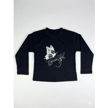 İncili Kız Çocuk Lacivert Kelebek Baskılı Sweatshirt - Gümüş Simli Detaylı Ince Penye Sweat