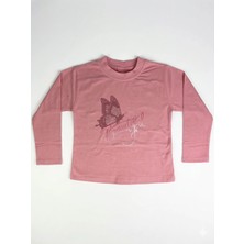 İncili Kız Çocuk Pembe Kelebek Baskılı Sweatshirt - Gümüş Simli Detaylı Ince Penye Sweat