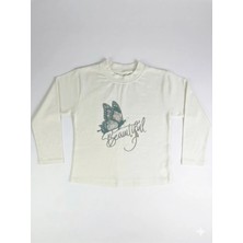 İncili Kız Çocuk Beyaz Kelebek Baskılı Sweatshirt - Gümüş Simli Detaylı Ince Penye Sweat