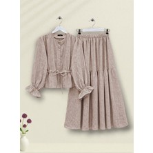 Modamorfo Önü Düğmeli Kolu Lastikli Tünel Bağcıklı Keten Takım -Vizon