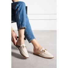 Shoetek Loive Kadın Terlik Önden Tokalı Bej Deri