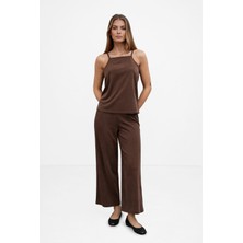 Vena Tina Dökümlü Geniş Paça Yumuşak Dokulu Lyocell Pantolon-Kahverengi