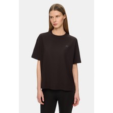 Ucla Faye Siyah Yumuşak Dokulu Modal Kumaş Bisiklet Yaka Baskılı Oversize Kadın Tshirt